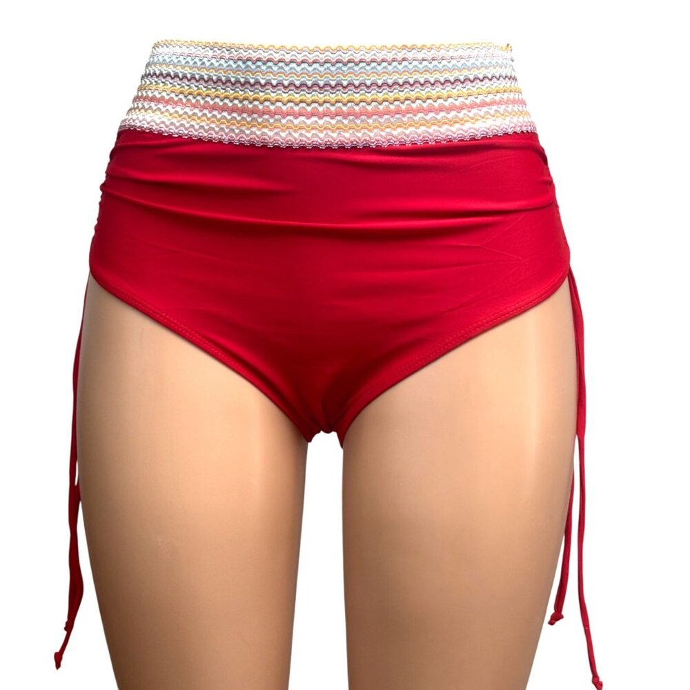 High-Waisted Multicolor Waistband Bikini Bottom with adjustable side ties Red, S